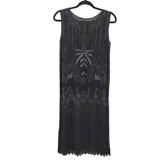 Vtg 80s Does 20s Black Oil Slick Beaded Silk Flapper Dress Sz M Great Gatsby - Picture 7 of 14